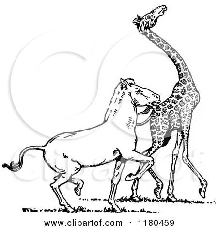 Clipart of a Retro Vintage Black and White Horse Amd Giraffe.