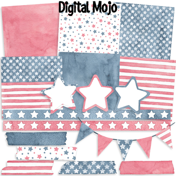 Watercolor American Flag Pattern Digital Paper and Clipart.