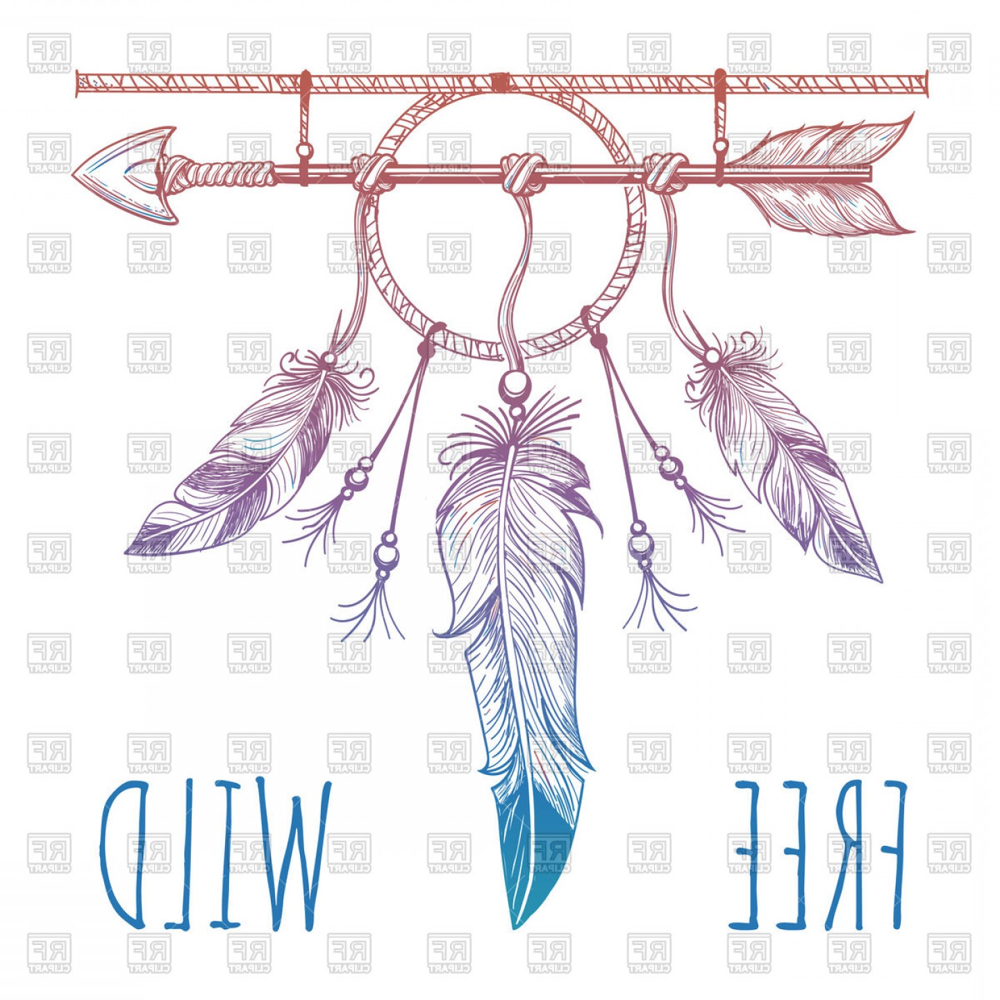 Sketch Of Native American Arrow And Feathers Vector Clipart.