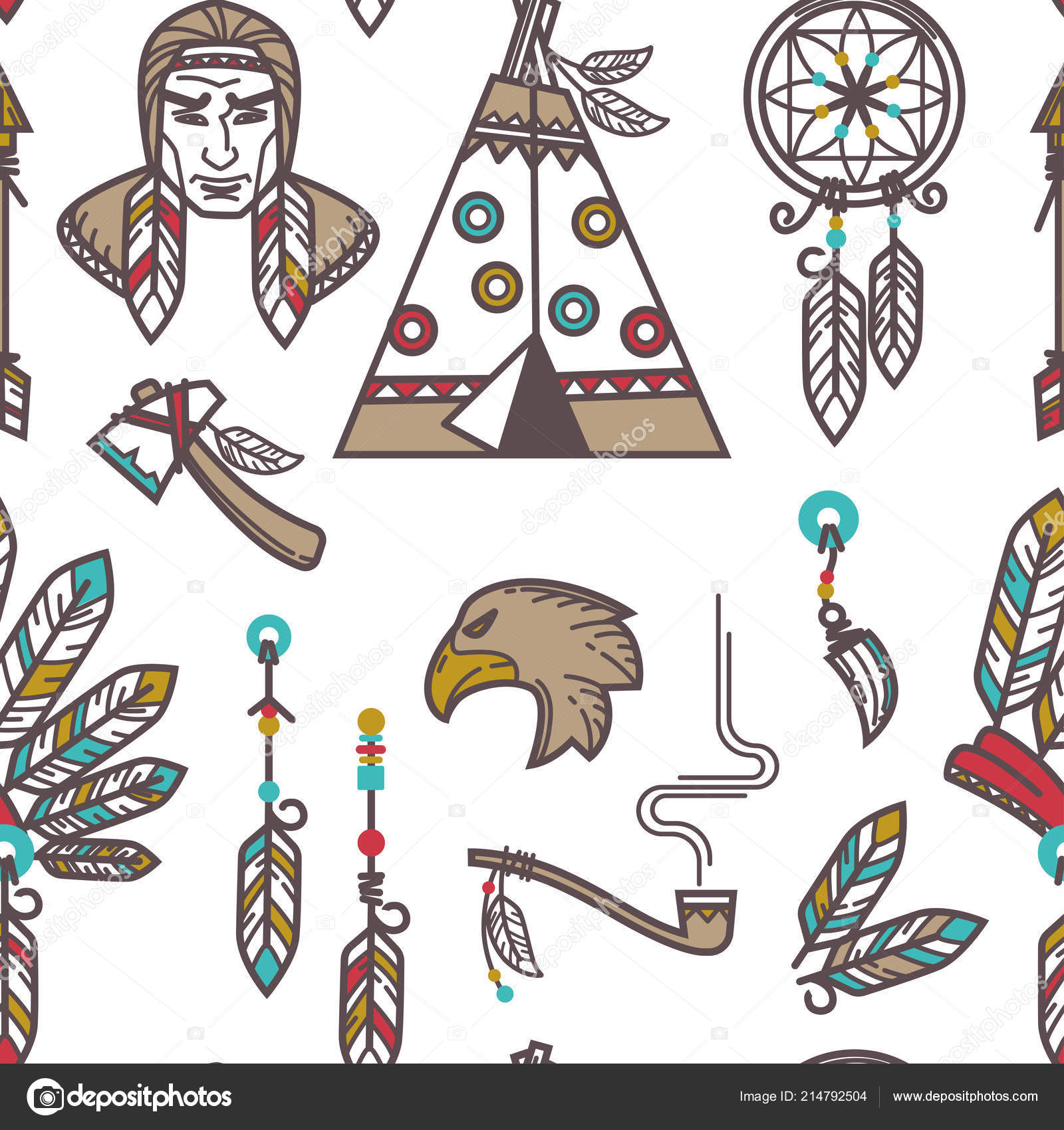 Native American Indians Traditional Culture Symbols Vector Icons.