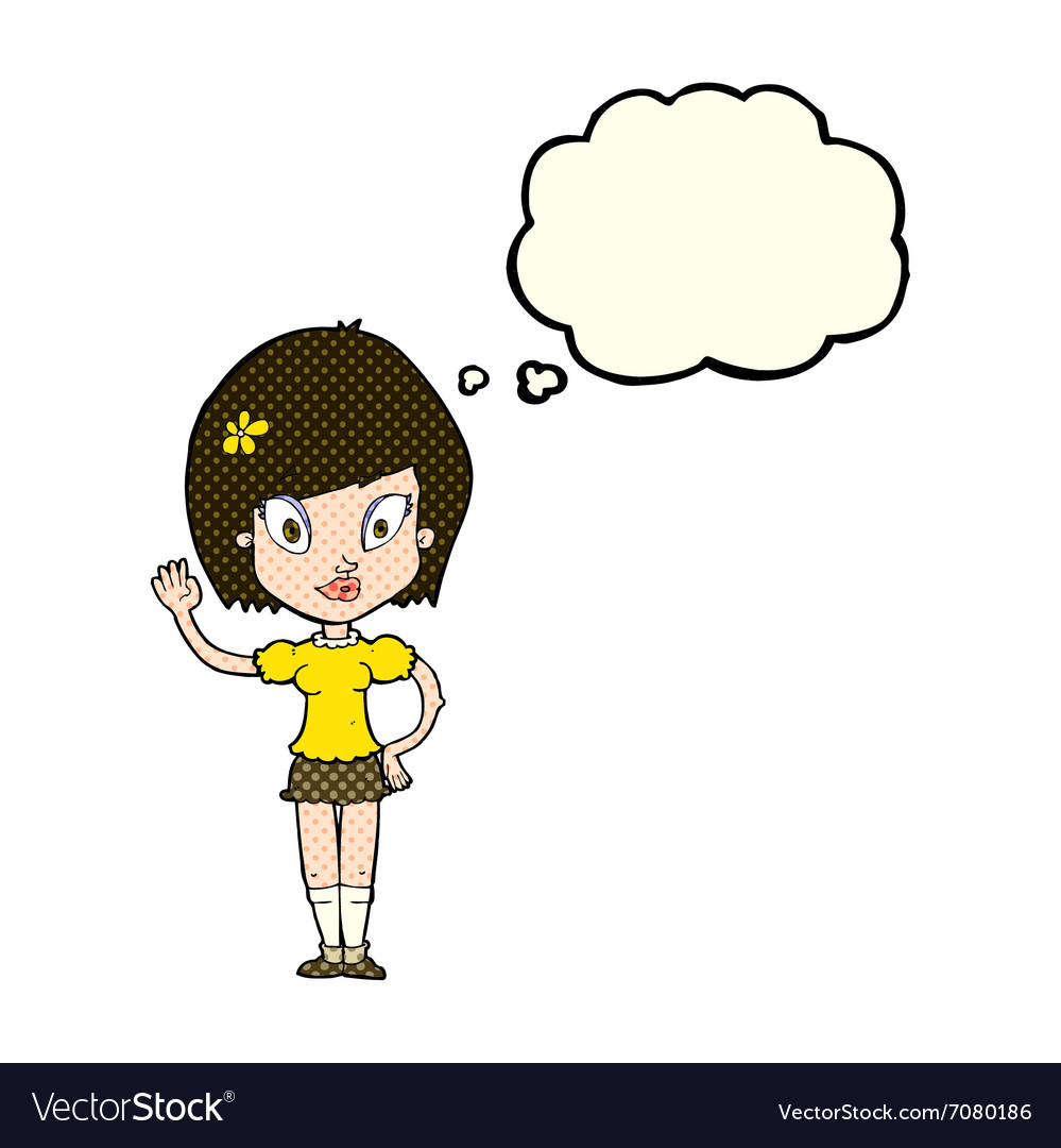 Cartoon pretty girl waving with thought bubble.