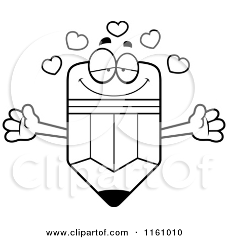 Cartoon of an Amorous Pencil Mascot with Open Arms and Hearts.