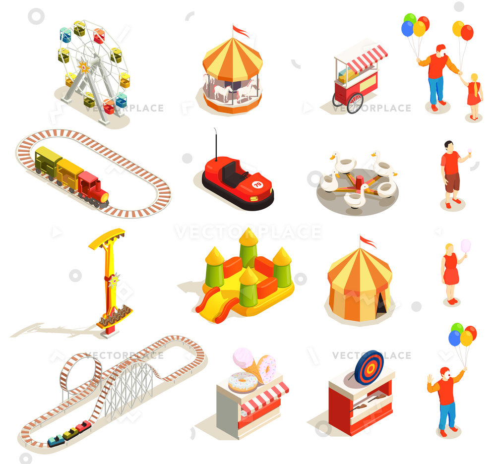 Amusement park attractions and visitors isometric icons set isolated on  white background 3d vector illustration.
