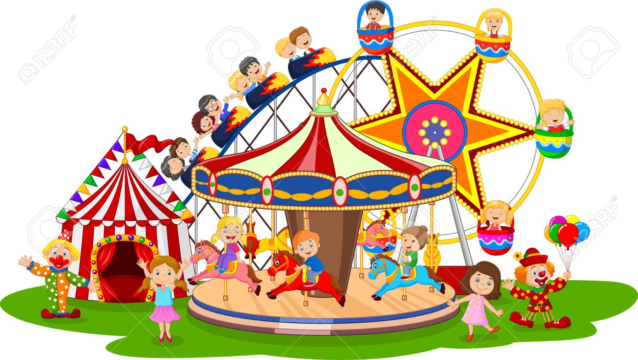 Theme Park Cartoon Images : Happy Family At Amusement Park Stock Vector