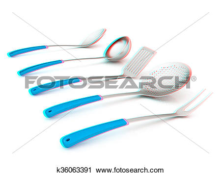 Clipart of cutlery. 3D illustration. Anaglyph. View with red/cyan.