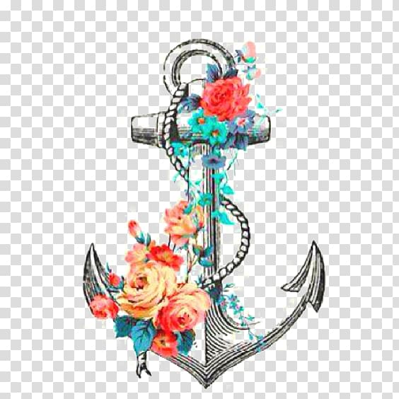 Anchor and flowers illustration, Anchor Tattoo Flower Rose.