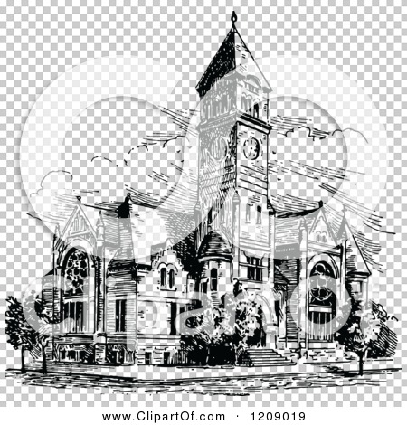 Clipart of a Vintage Black and White Ancient Church.