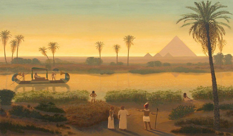 Sunset On The Nile At Giza Pyramids.