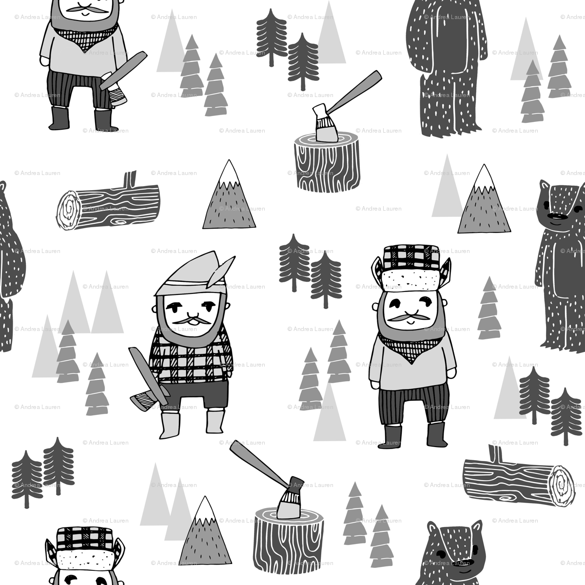 lumberjack fabric // woodcutter woodland forest illustration.
