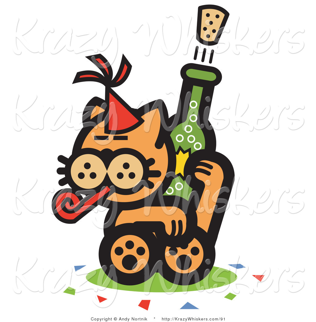Critter Clipart of a Wild Orange Cat Wearing a Party Hat.