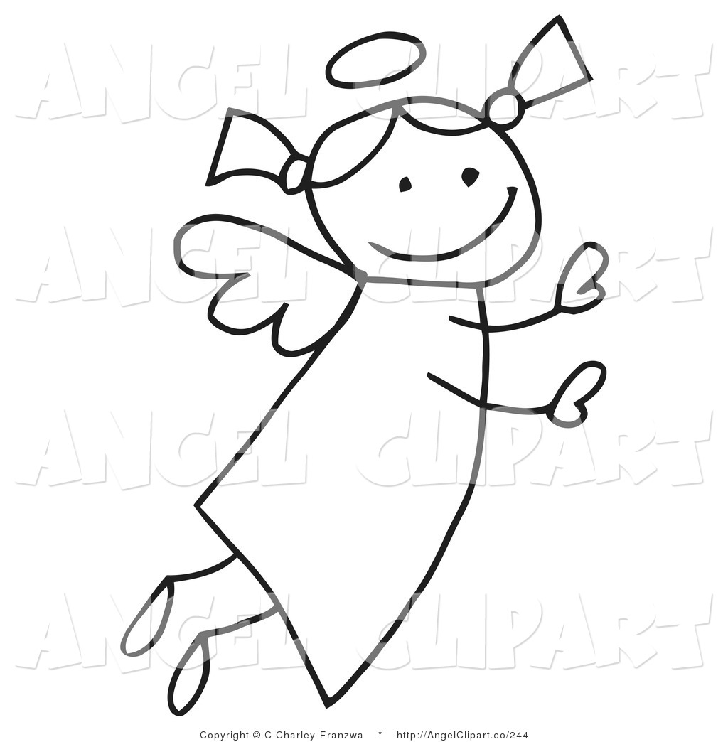 Clip Art of a Sweet Female Flying Stick Figure Angel with a Halo.