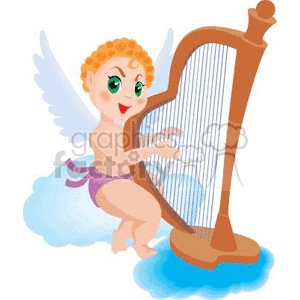 An Angel on the Clouds Playing a Harp clipart. Royalty.