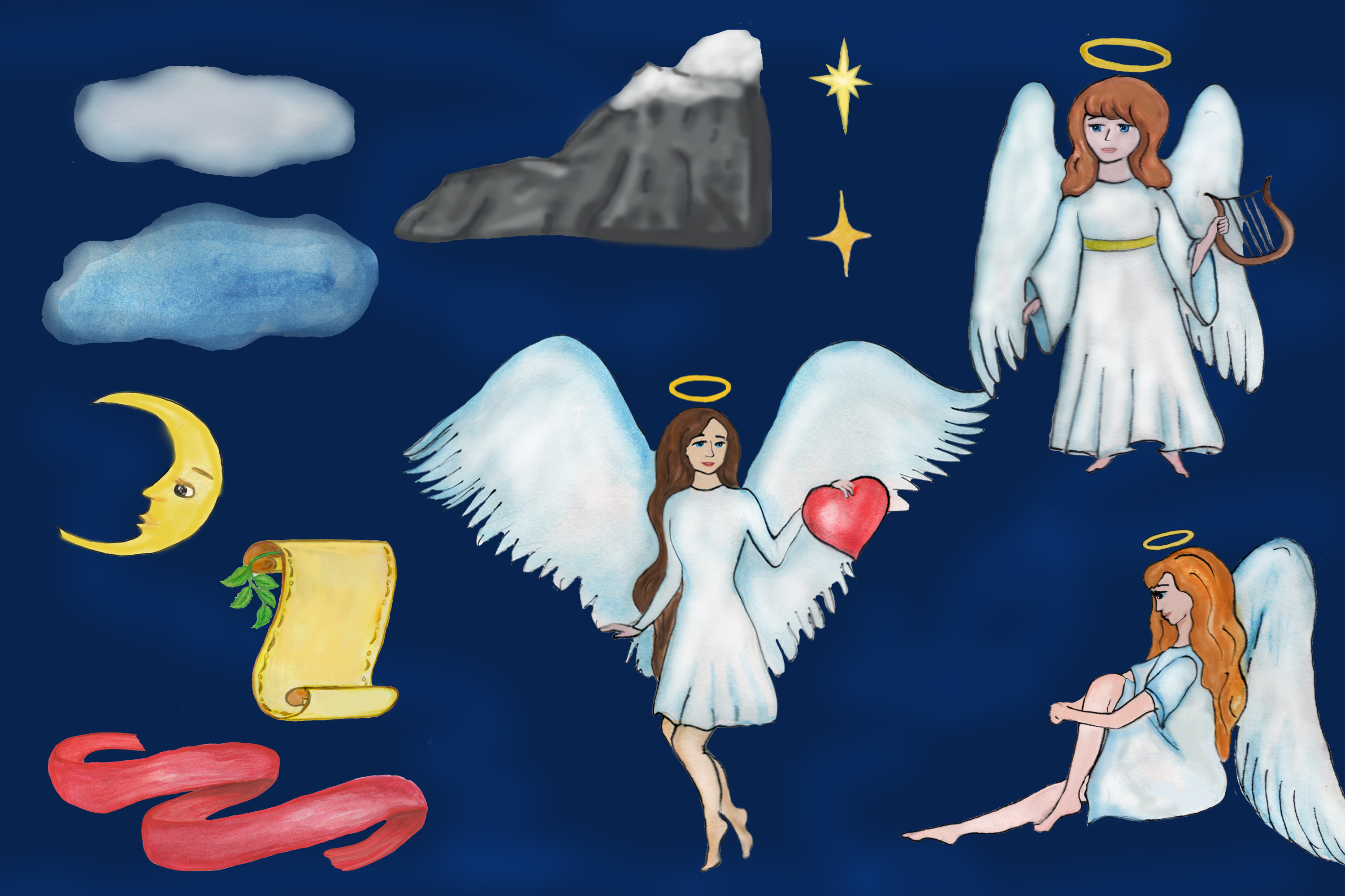 Angel story watercolor clipart, baptism clipart.