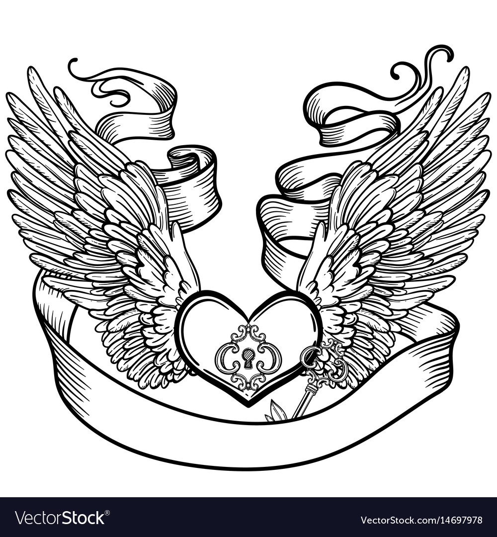 Line art of angel wings and heart.