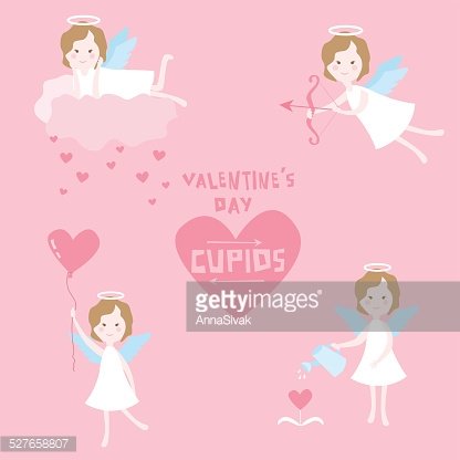 Valentine\'s Day Set Cupid Angels With Hearts premium clipart.