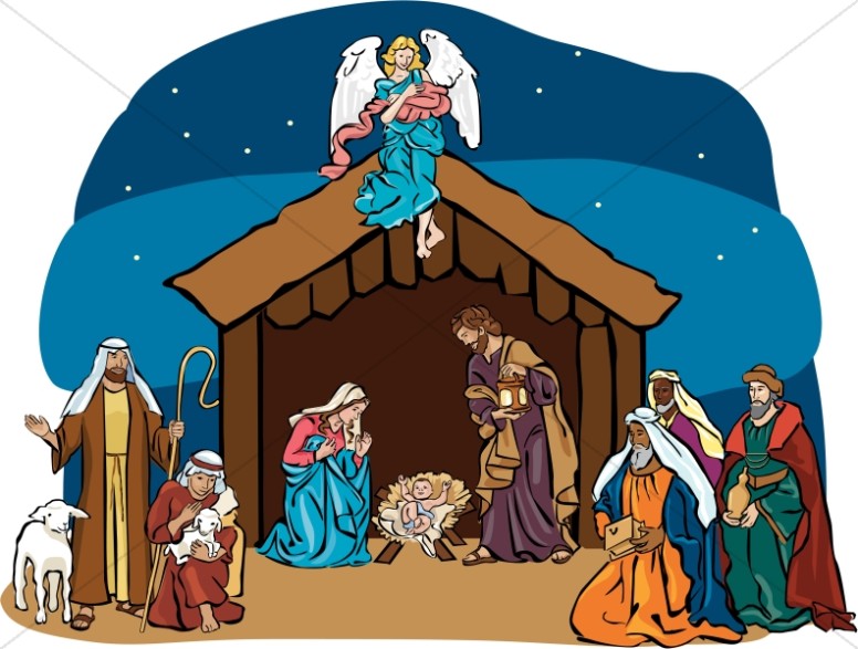 Nativity Scene with Angel Overhead.