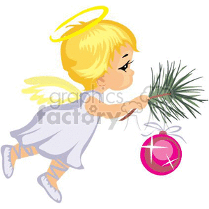 Flying Child Angel Decorating a Chistmas Tree clipart. Royalty.