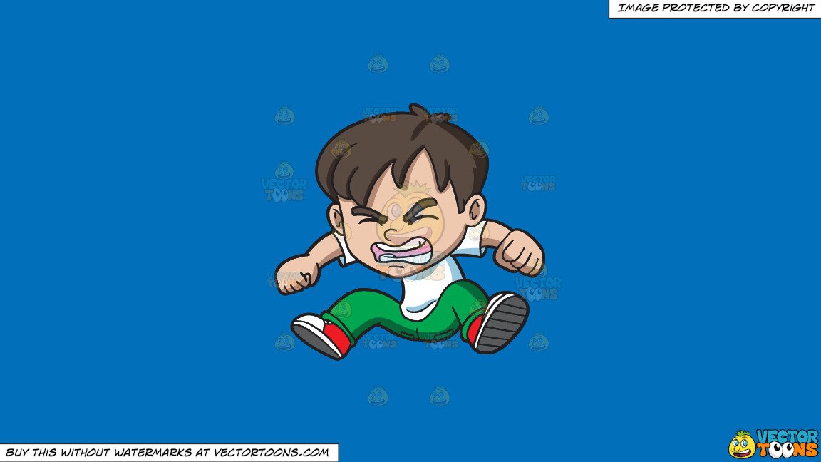 Clipart: An Angry Little Boy Jumping In Frustration on a Solid Spanish Blue  016Fb9 Background.