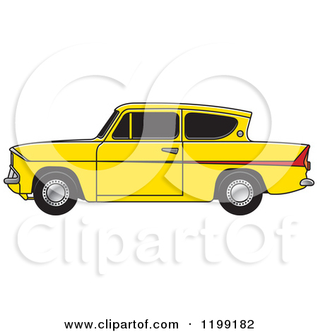 Clipart of a Vintage Yellow Ford Anglia Car with Tinted Windows.