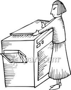 Black and White Drawing of Woman At a Copy Machine Royalty.