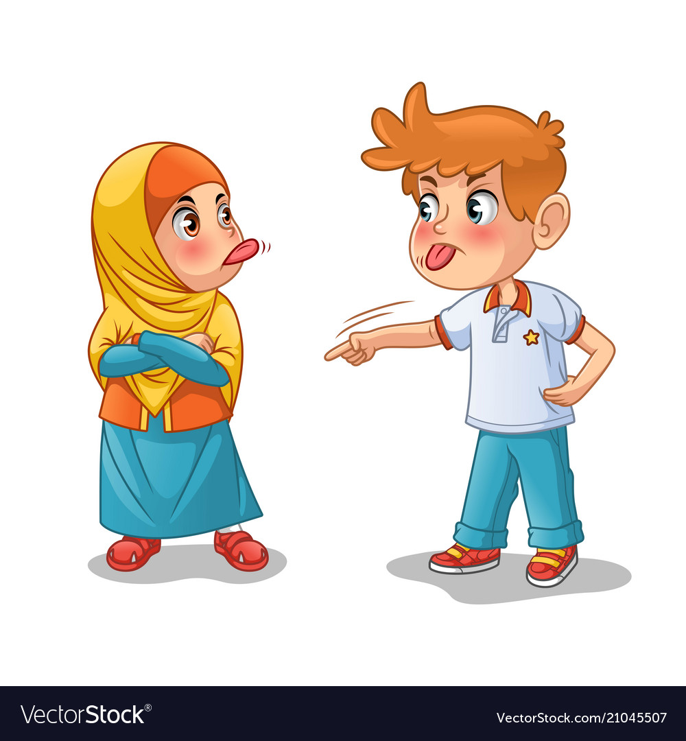 Muslim girl and boy mock each other vector image.