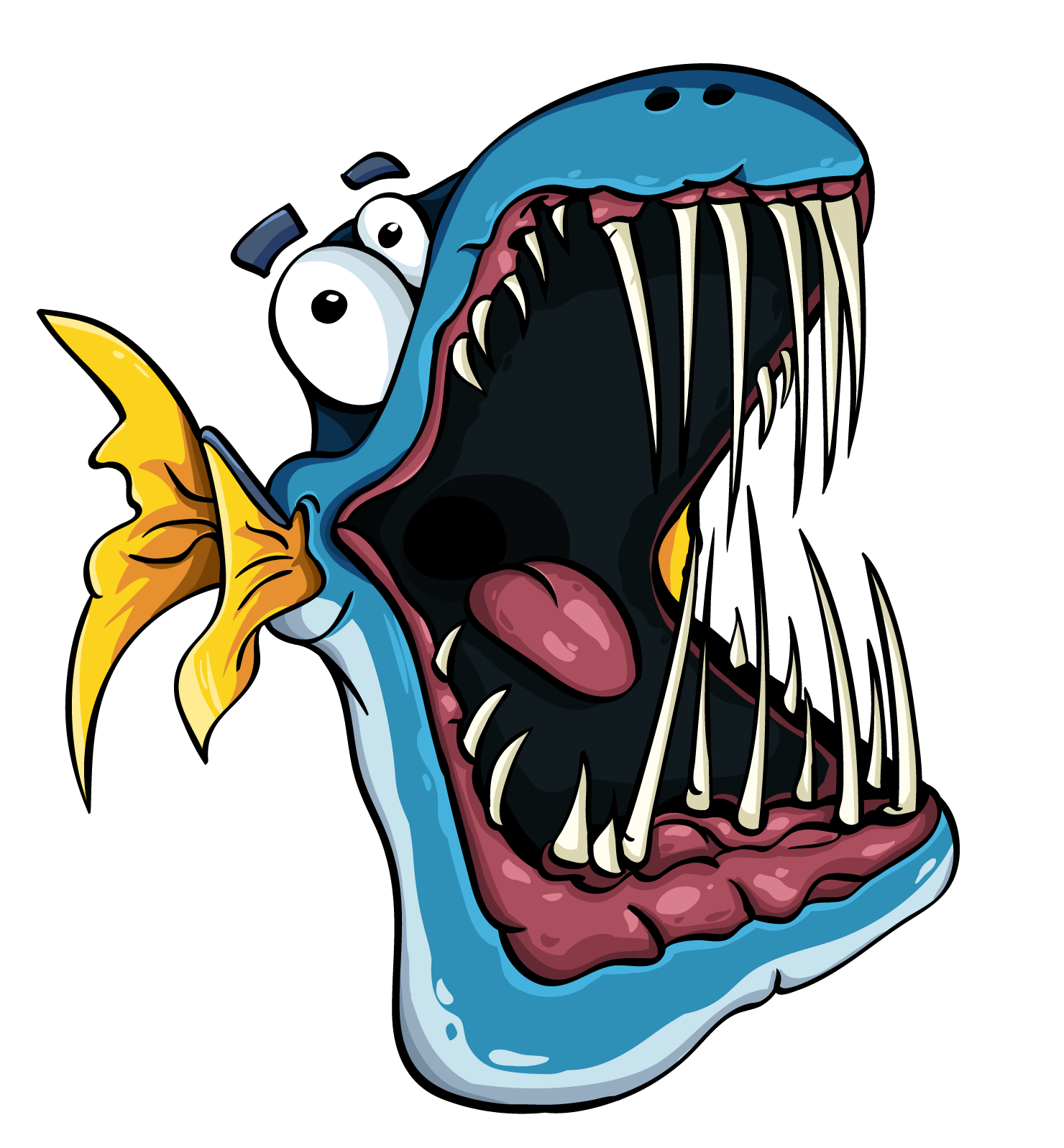 Toothy cartoon fish with big jaw.