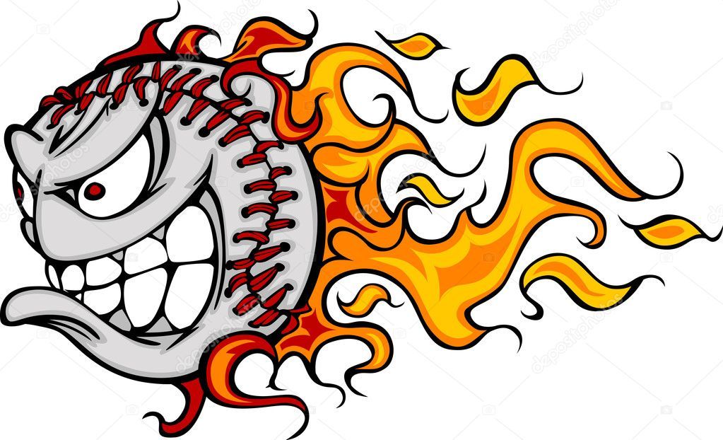 Cartoon Vector Image of a Flaming Baseball with Angry Face.