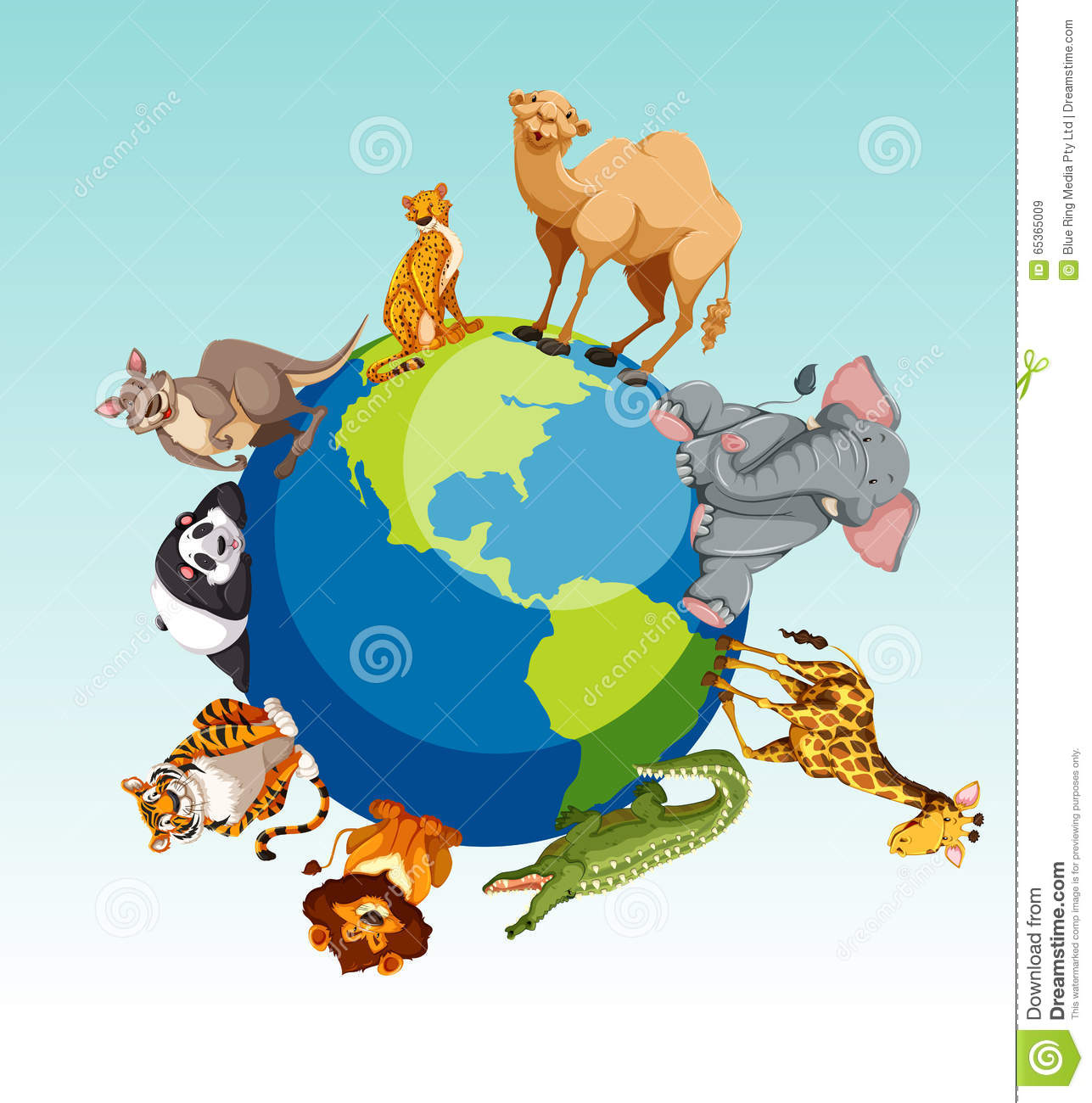 Wild Animals Around The Earth Stock Vector.