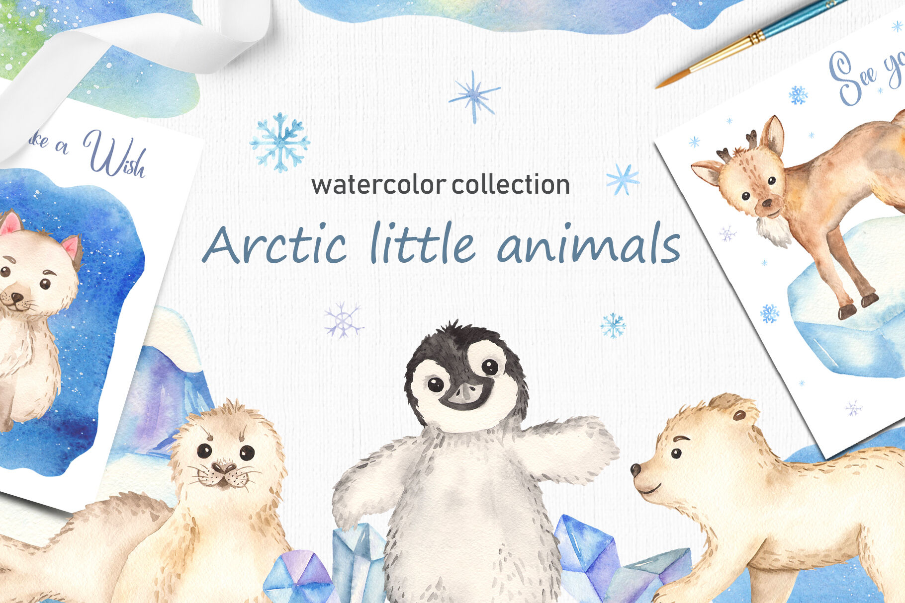 Arctic little animals watercolor collection clipart By.