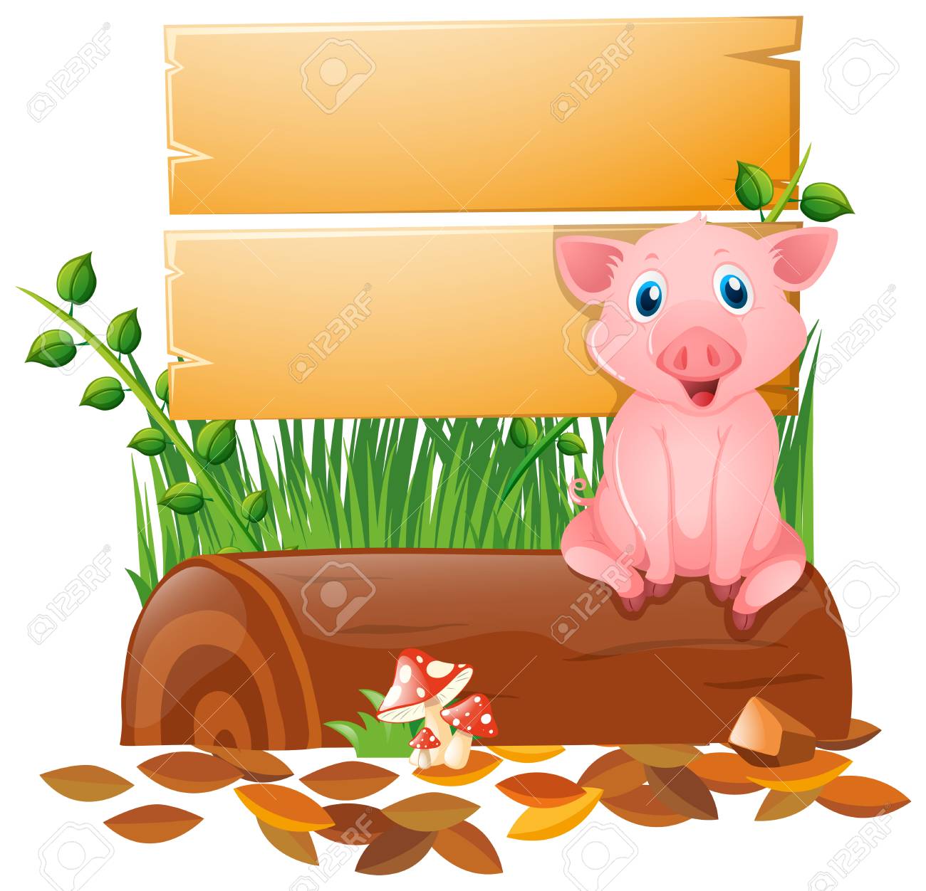Wooden board with pig on the log illustration.