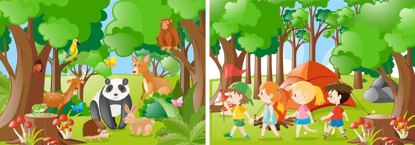 Two forest scenes with kids and wild animals.