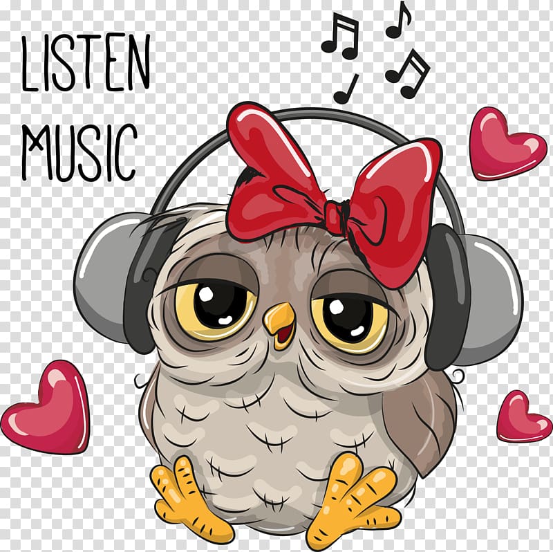 Gray owl listening music illustration, Owl Cartoon.