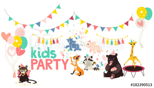 vector flat animals at party poster. Hippo and elephat.