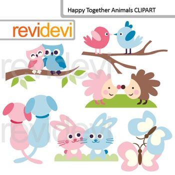 Clip Art Happy Together Animals (pink, blue) pair, couple.