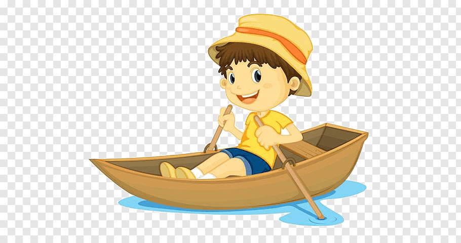 Animated boy riding brown canoe boat, Row, Row, Row Your.