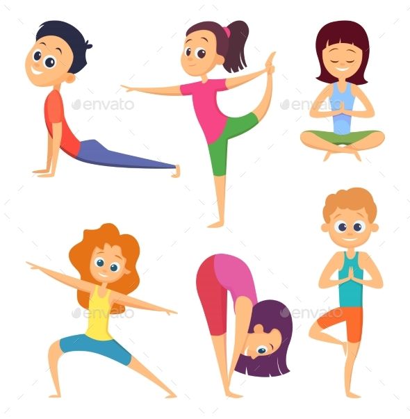 Yoga for kids. Happy childrens make different exercises.