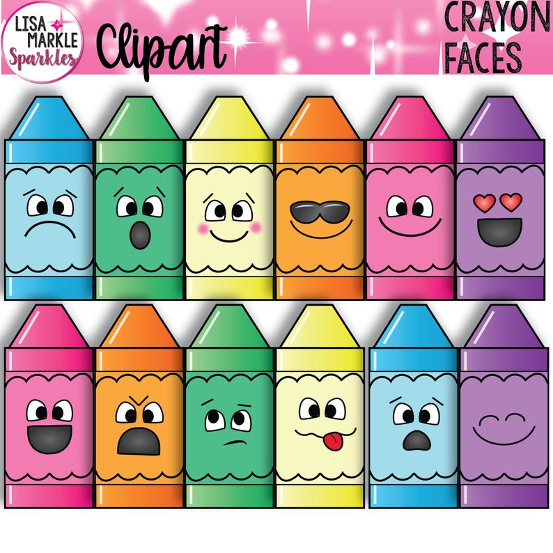 Crayon Clipart, Crayons Clipart with Faces, Emoji Clipart, School Clipart.