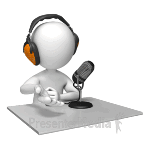 A figure speaks in to a microphone with the concept of podcasting or.