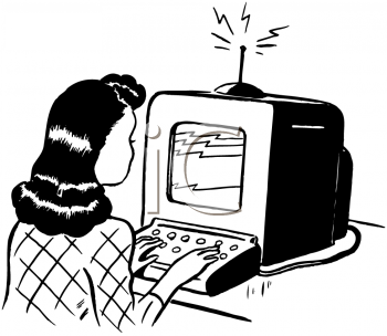 Vintage Cartoon of a Secretary Working on a Computer.