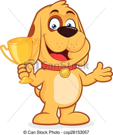 Dog holding a trophy cup.