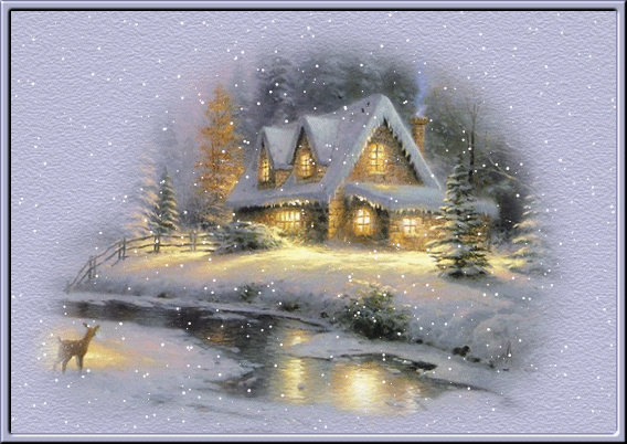 Log Cabin Christmas Winter Scene.