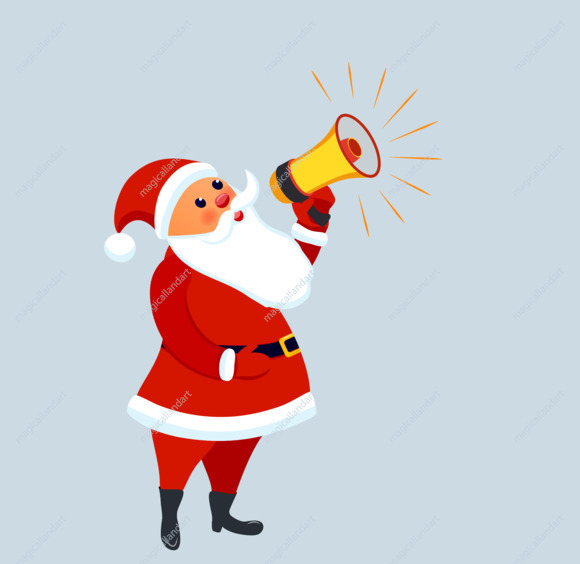Cute Santa Claus with megaphone announcement, design element for christmas  or new year sale banner, poster, greeting card.