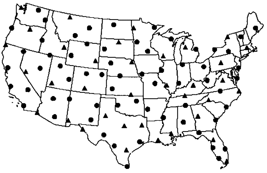 The locations of lightning sensors in the NLDN: triangles.