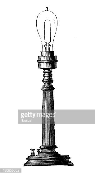 Antique illustration of electric lamp systems and bulbs.