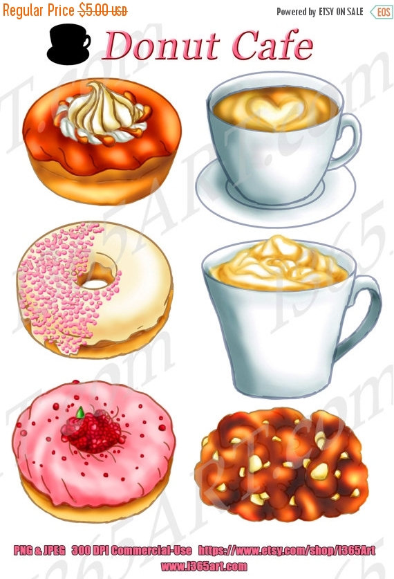 50% OFF Sale Donuts Cafe Clipart, Donut Clip art, Digital, Coffee.