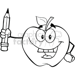 6530 Royalty Free Clip Art Black and White Apple Holding Up A Pencil  clipart. Royalty.