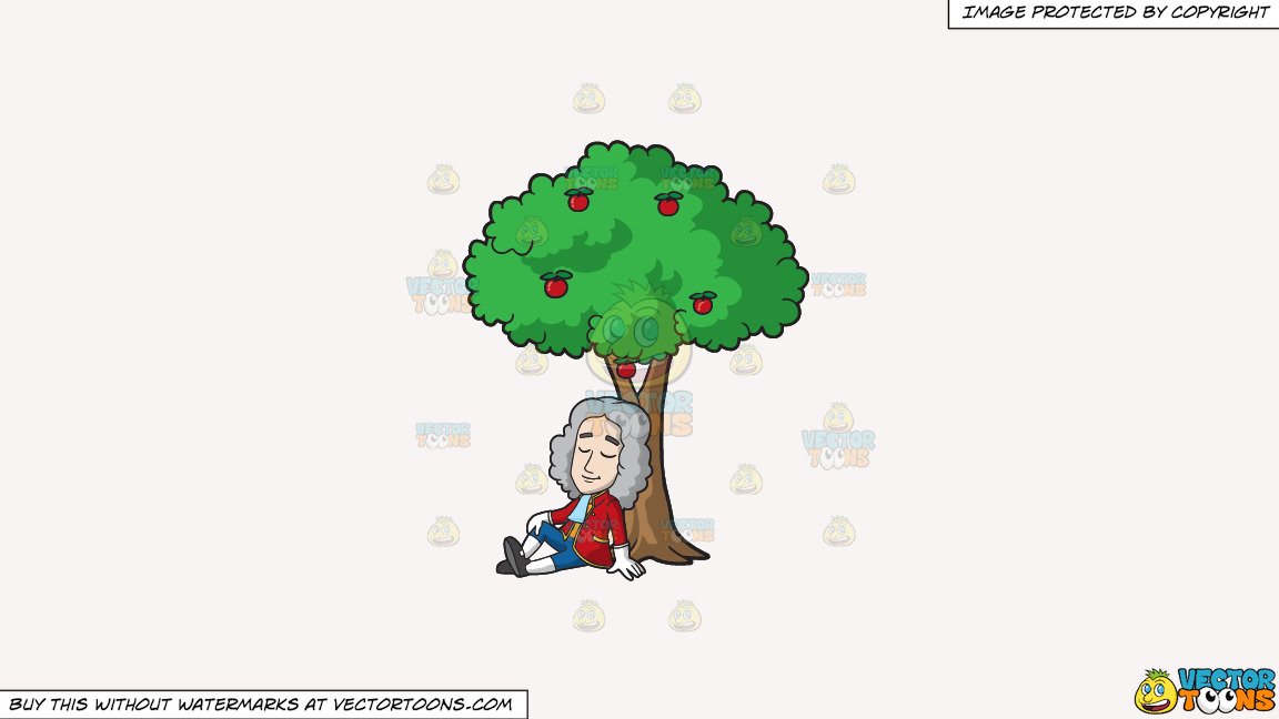 Clipart: Isaac Newton Sitting Under An Apple Tree on a Solid White Smoke  F7F4F3 Background.