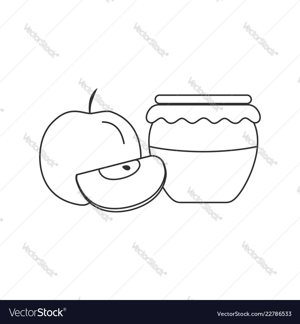 Whole and red apples and honey jar icon in black.