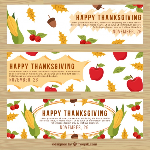Set of thanksgiving banners with leaves and healthy food.