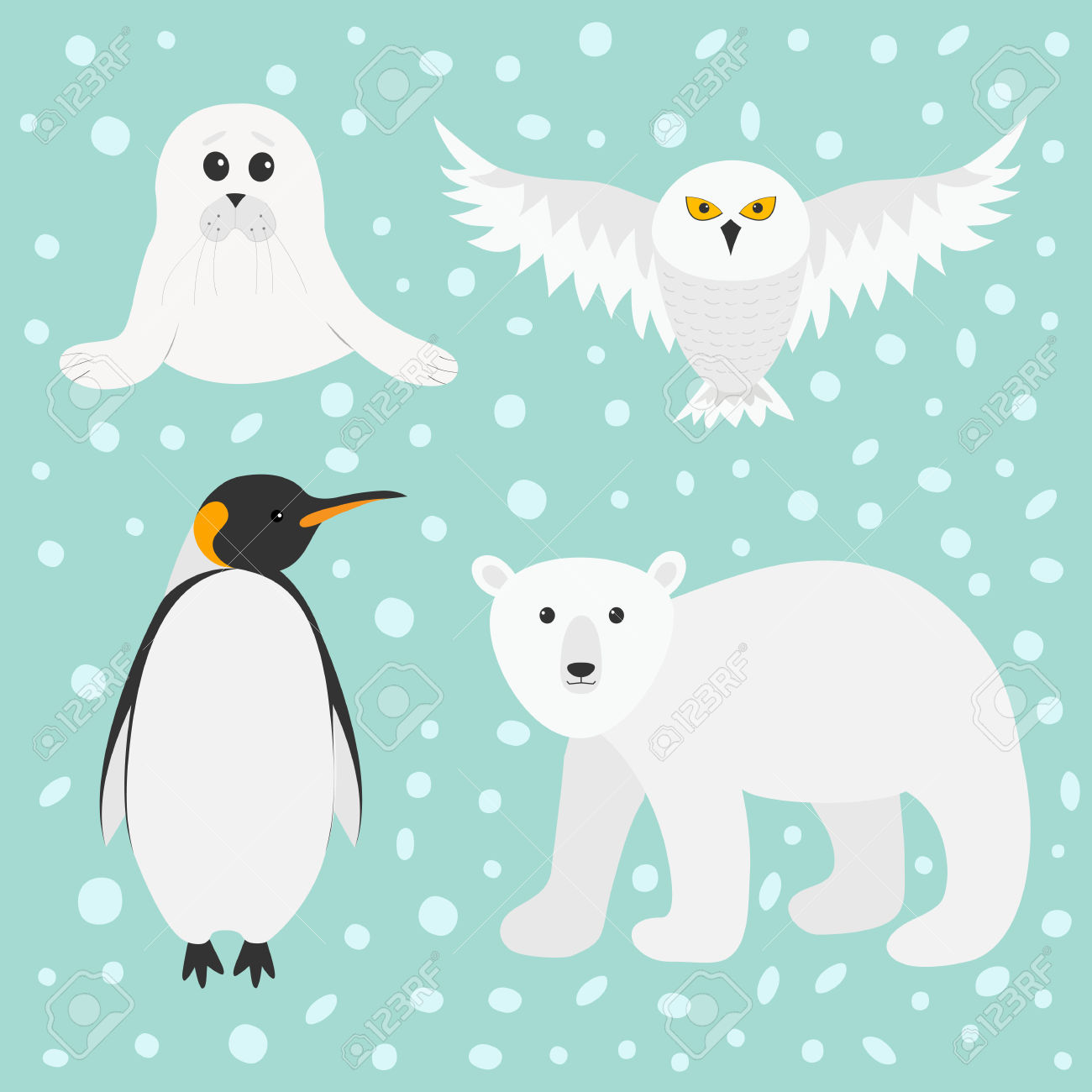 Arctic Polar Animal Set. White Bear, Owl, King Penguin Emperor.